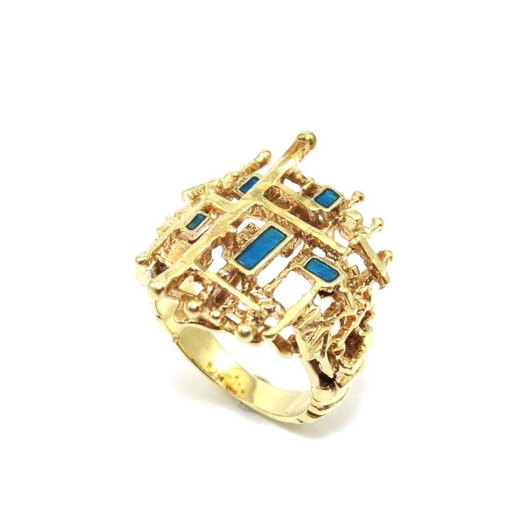 14K Gold Modernist Brutalist Enamel Inlay Ring 7